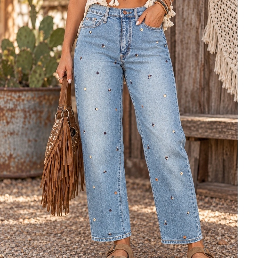 Universal Thread Womens Vintage Straight Floral Embroidered Jeans Blue 26R crop